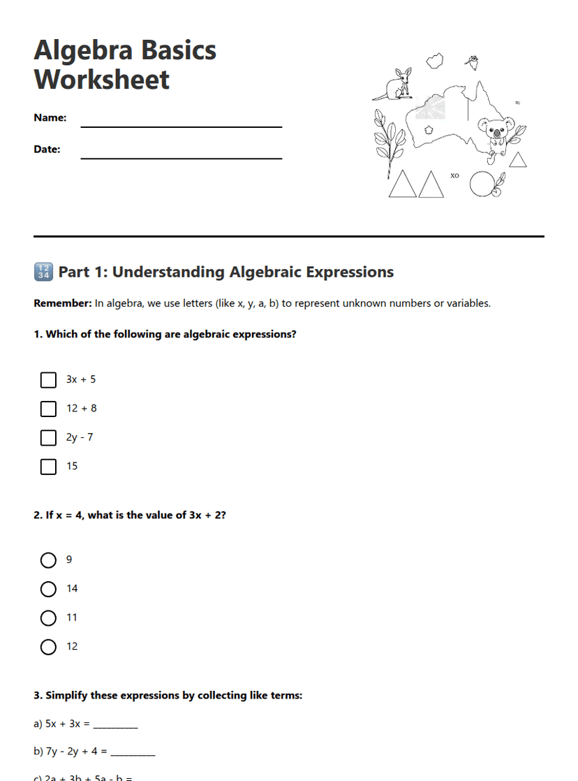 Algebra Basics Worksheet