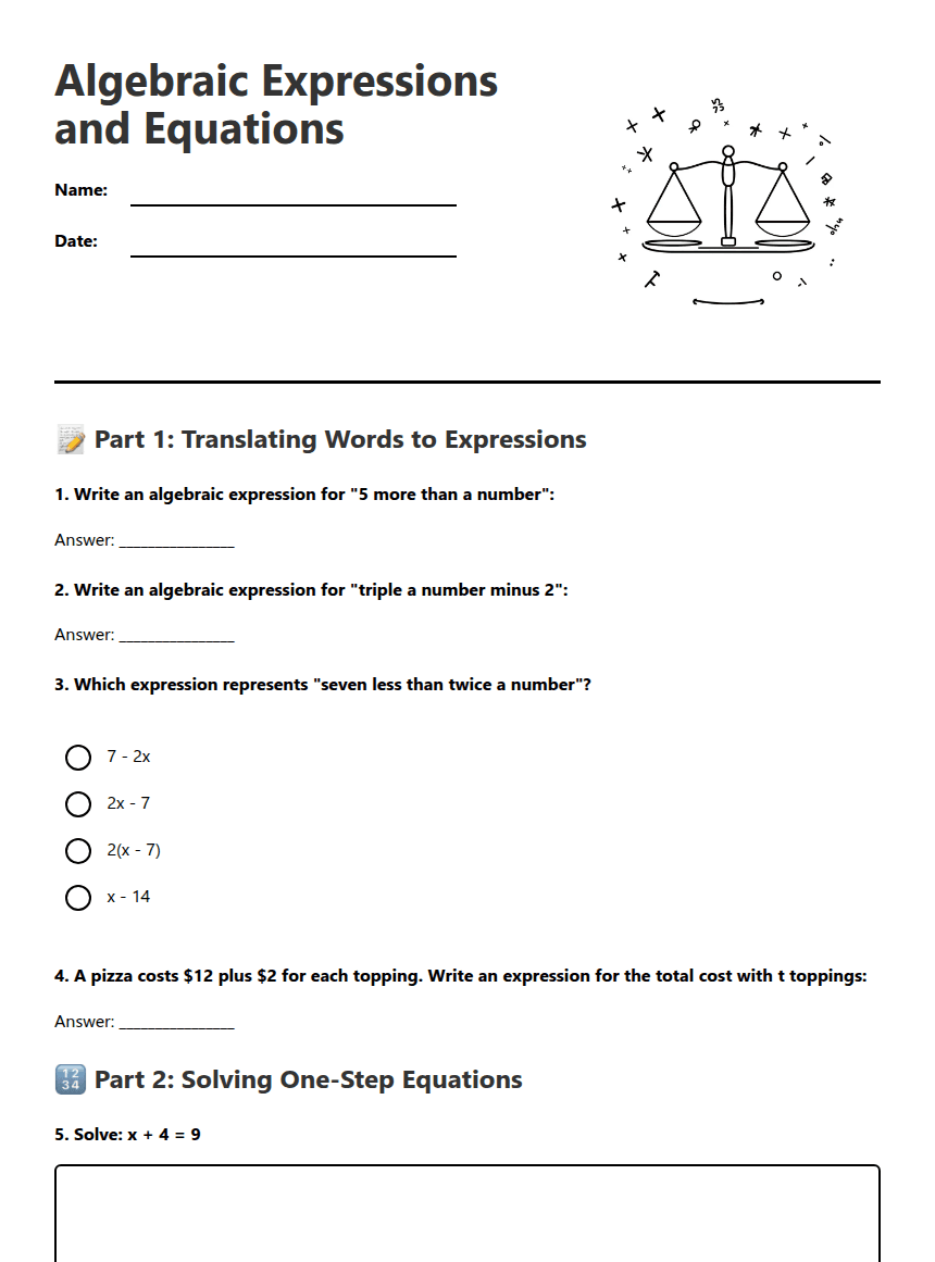 Algebraic Expressions and Equations worksheet preview