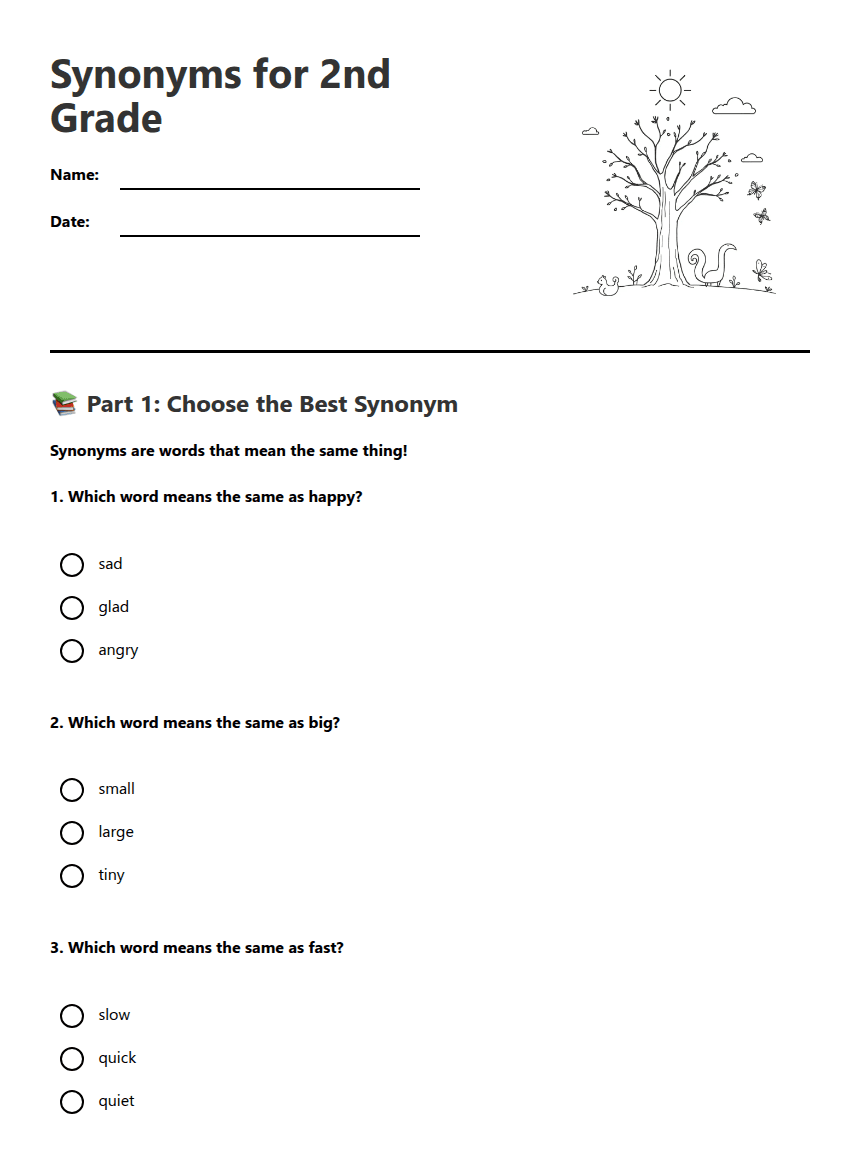 Synonyms for 2nd Grade worksheet preview