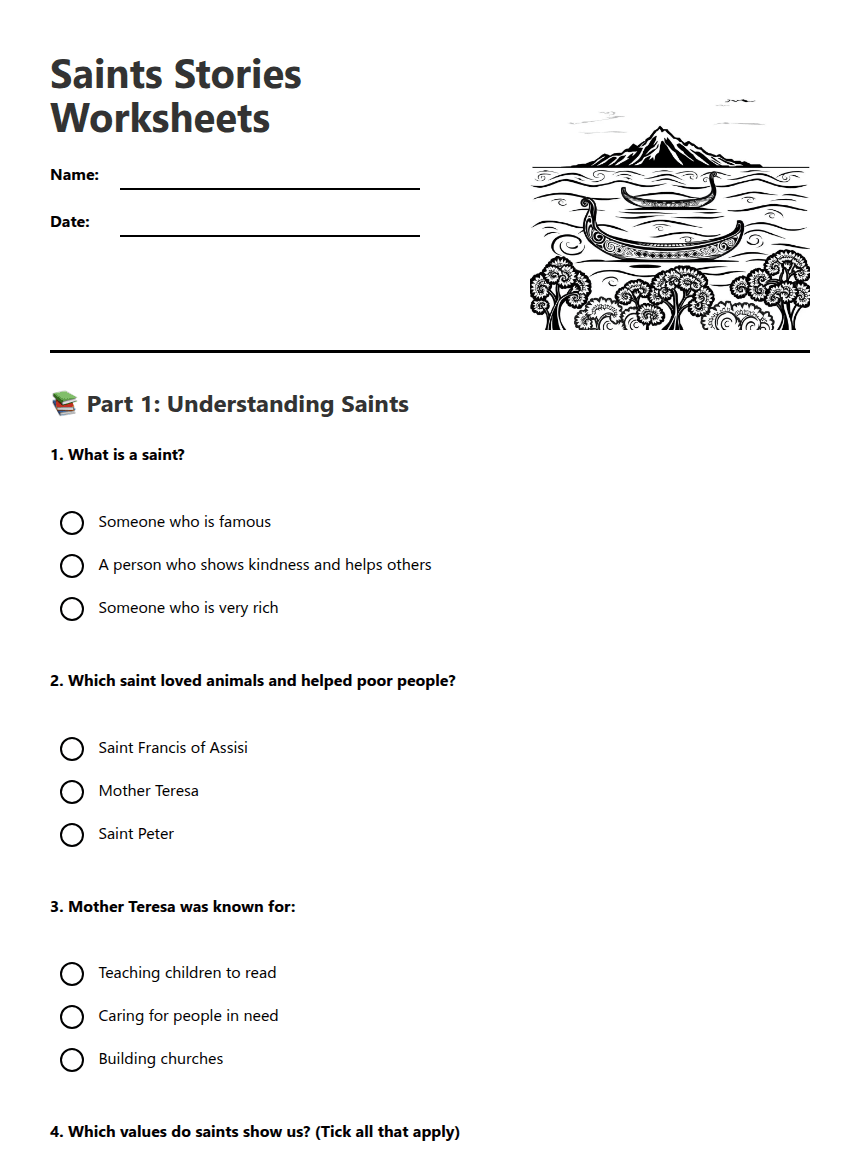 Saints Stories Worksheets worksheet preview