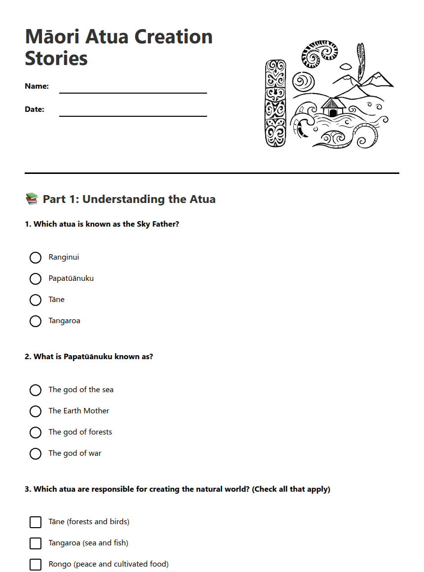 Māori Atua Creation Stories worksheet preview