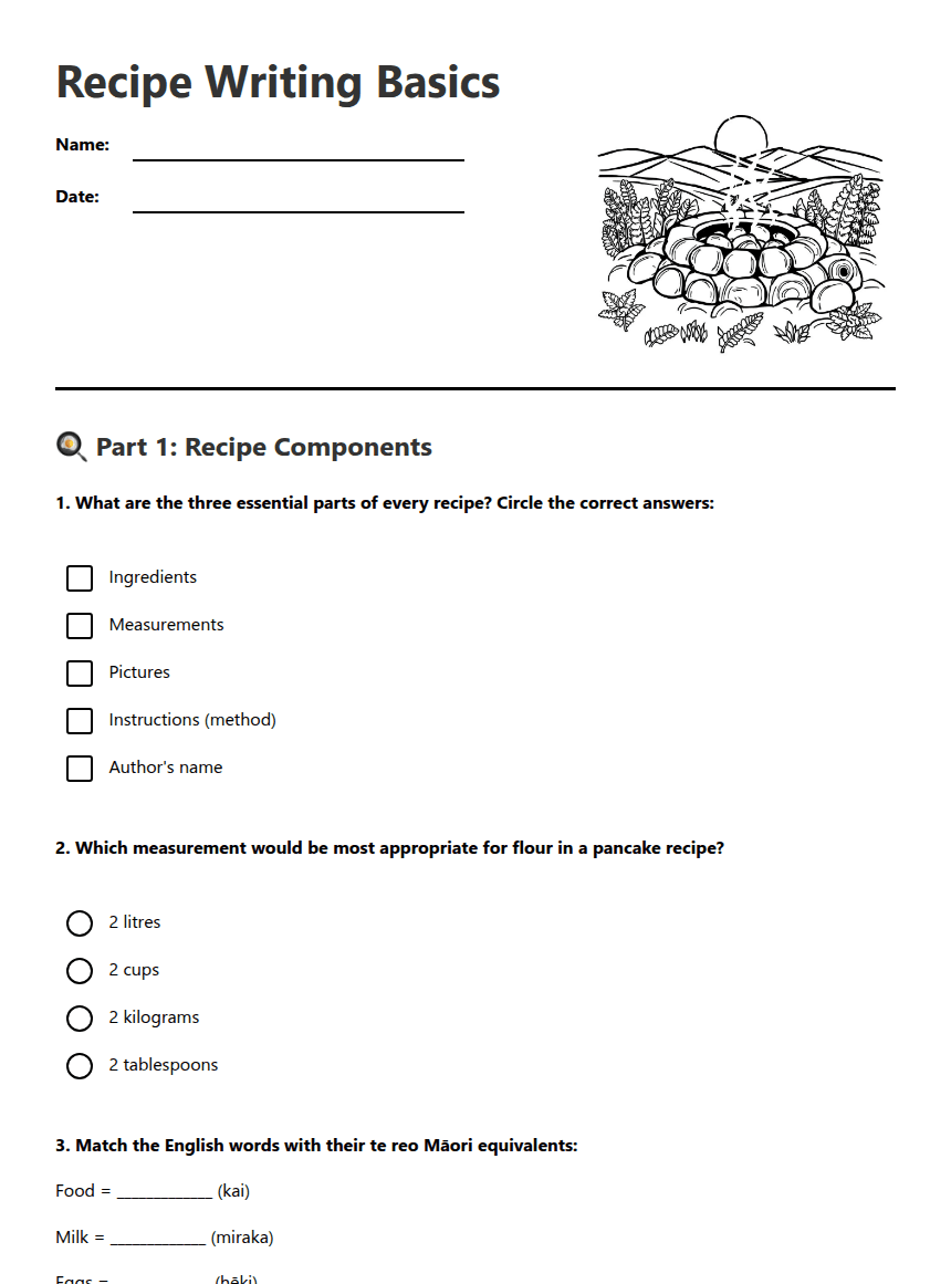 Recipe Writing Basics worksheet preview
