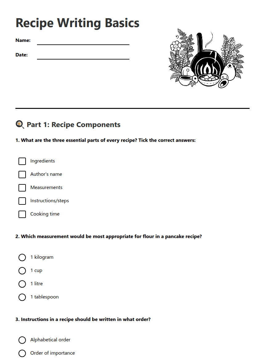 Recipe Writing Basics worksheet preview