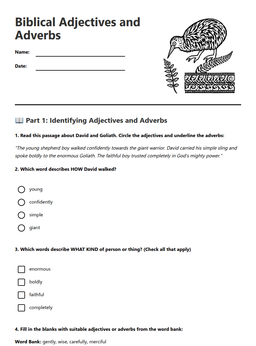 Biblical Adjectives and Adverbs worksheet preview