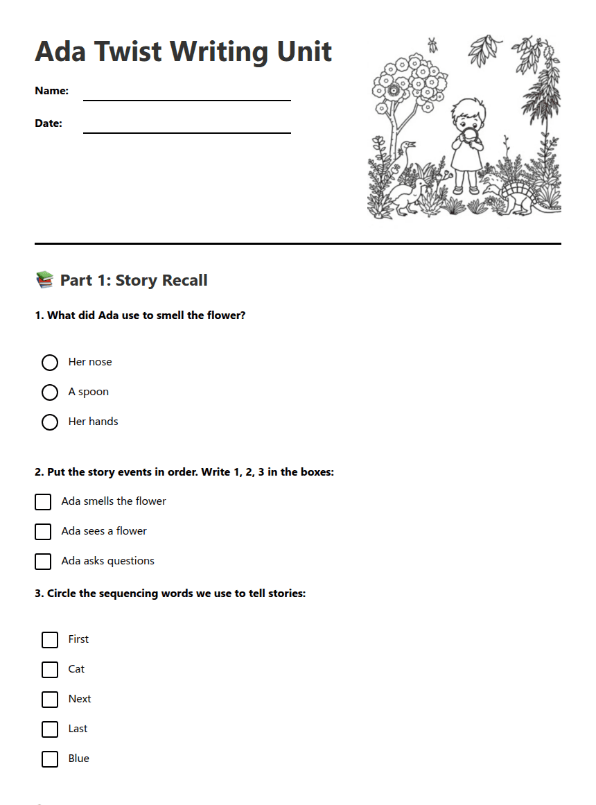 Ada Twist Writing Unit worksheet preview
