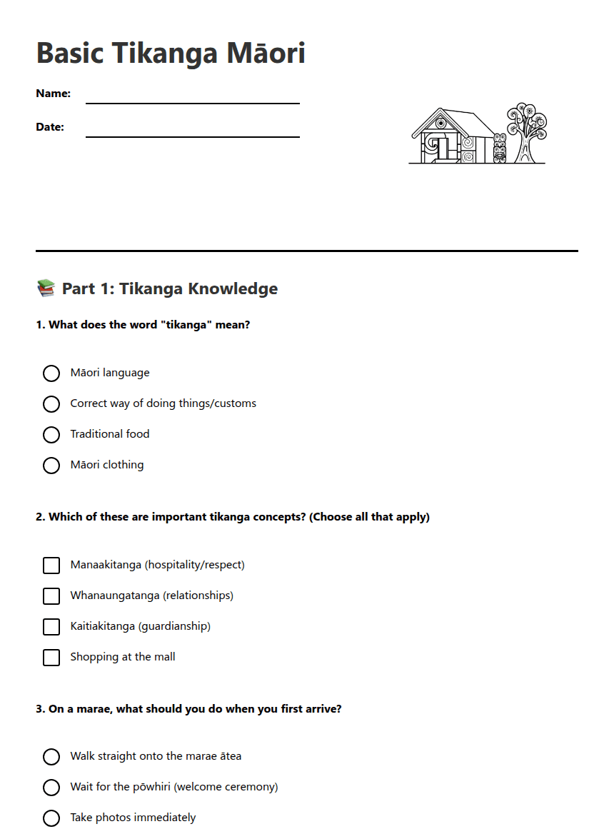 Basic Tikanga Māori worksheet preview