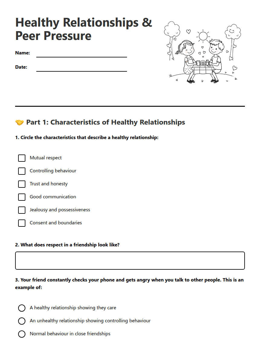 Healthy Relationships Peer Pressure worksheet preview