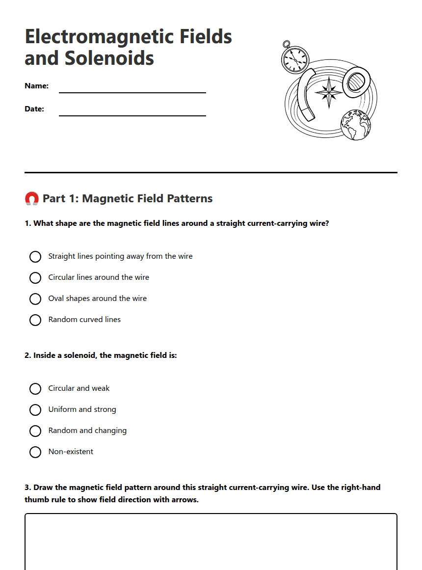 Electromagnetic Fields and Solenoids worksheet preview