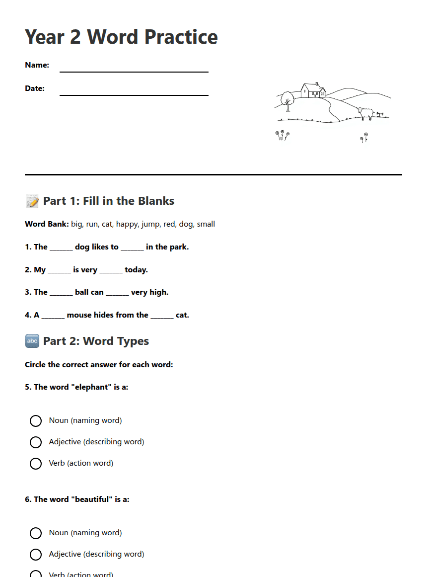 Year 2 Word Practice worksheet preview
