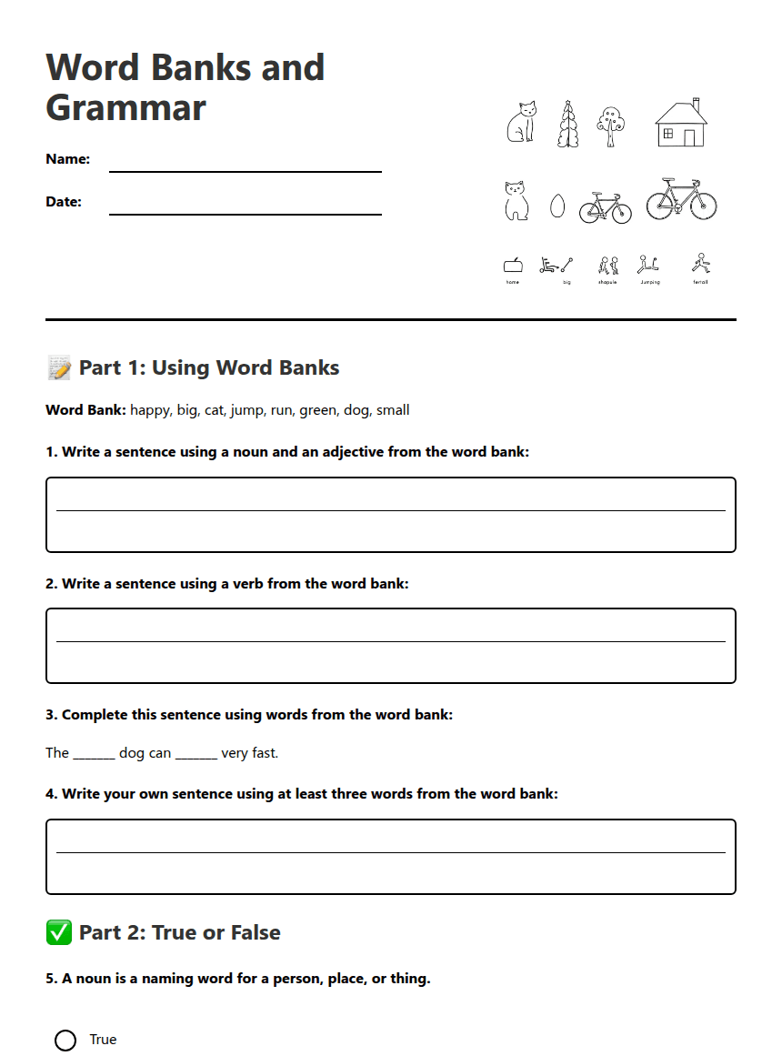 Word Banks and Grammar worksheet preview