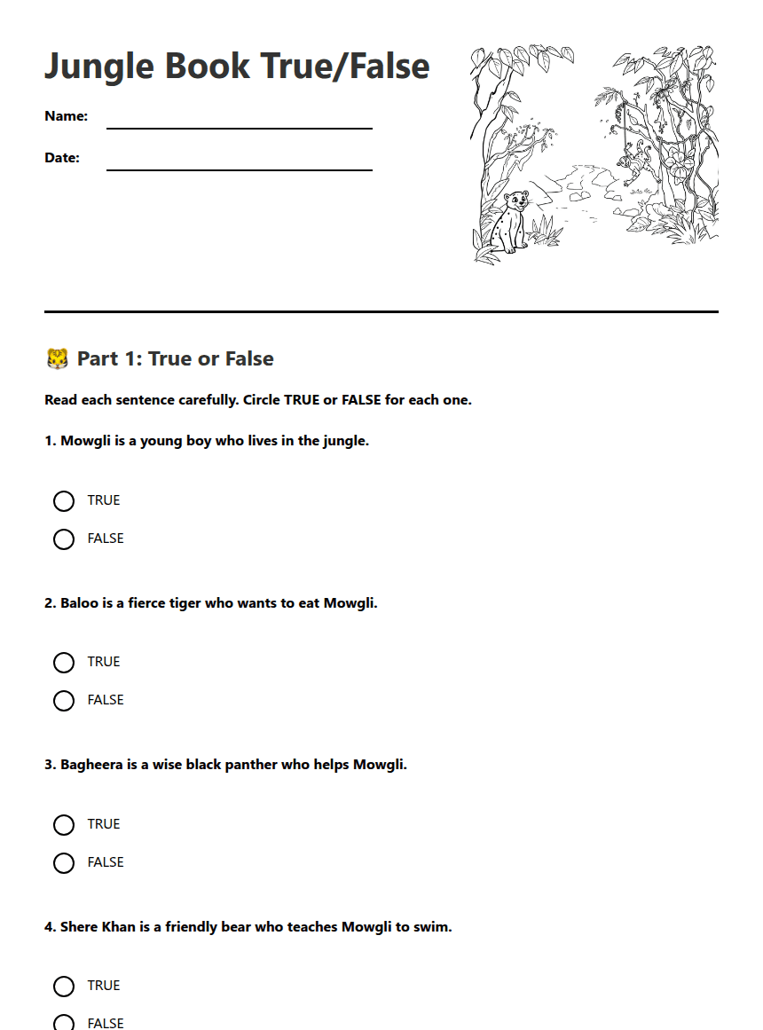 Jungle Book True/False worksheet preview