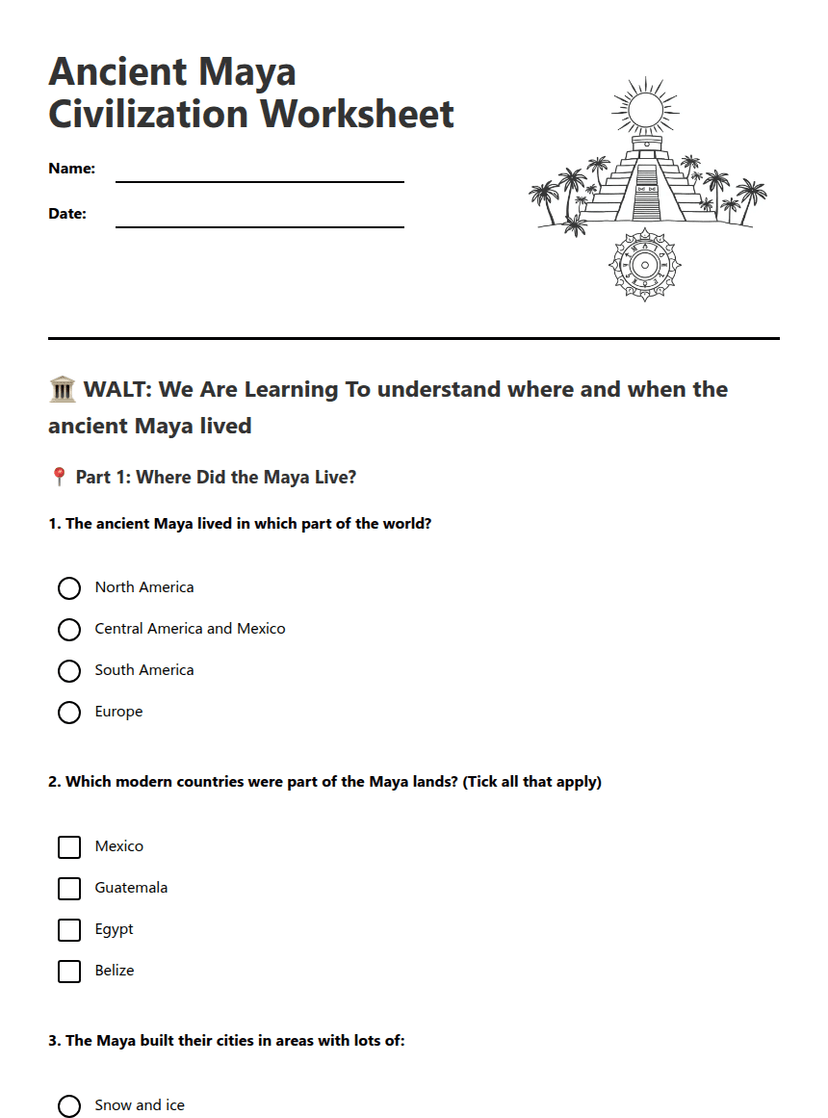 Ancient Maya Civilization Worksheet