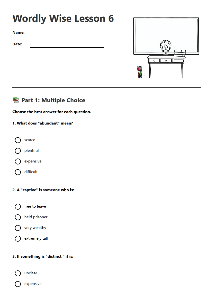 Wordly Wise Lesson 6 worksheet preview