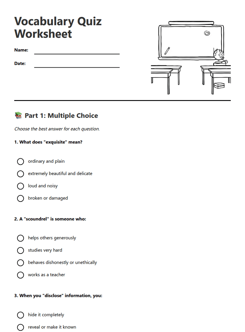 Vocabulary Quiz Worksheet