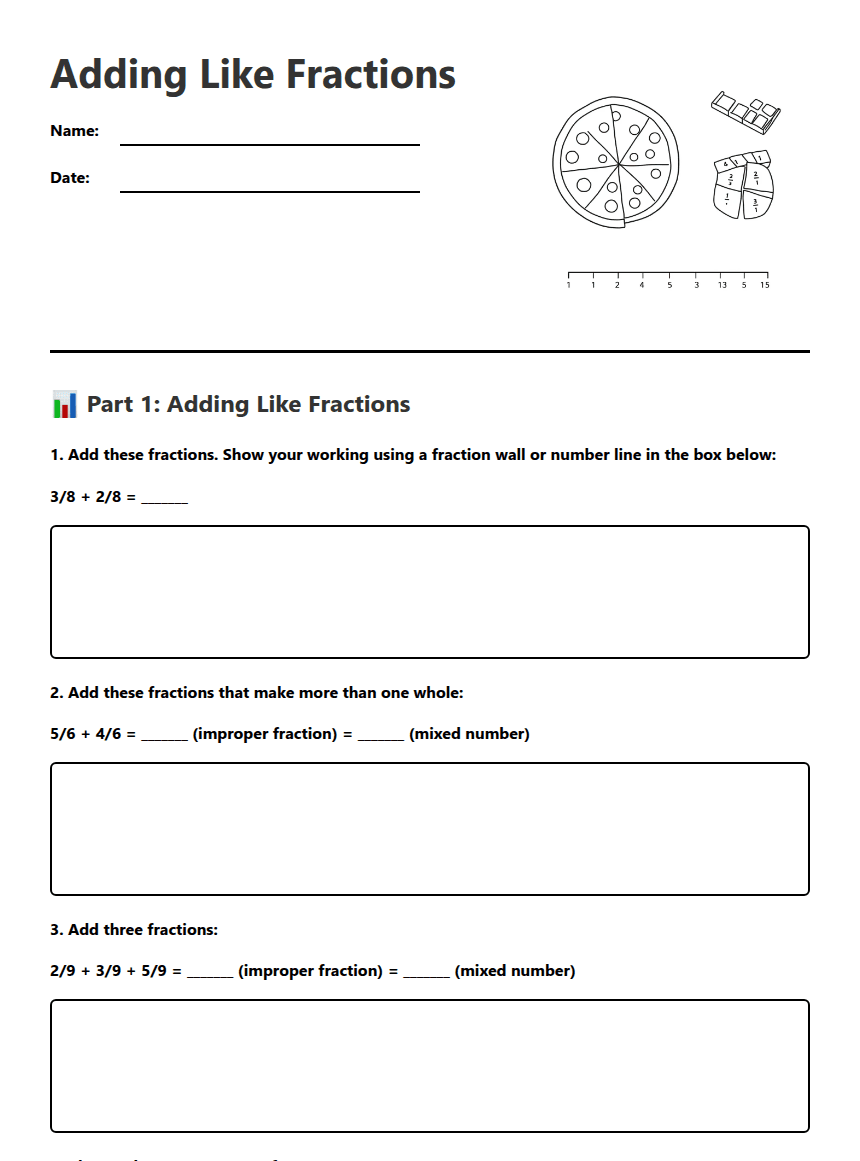 Adding Like Fractions worksheet preview