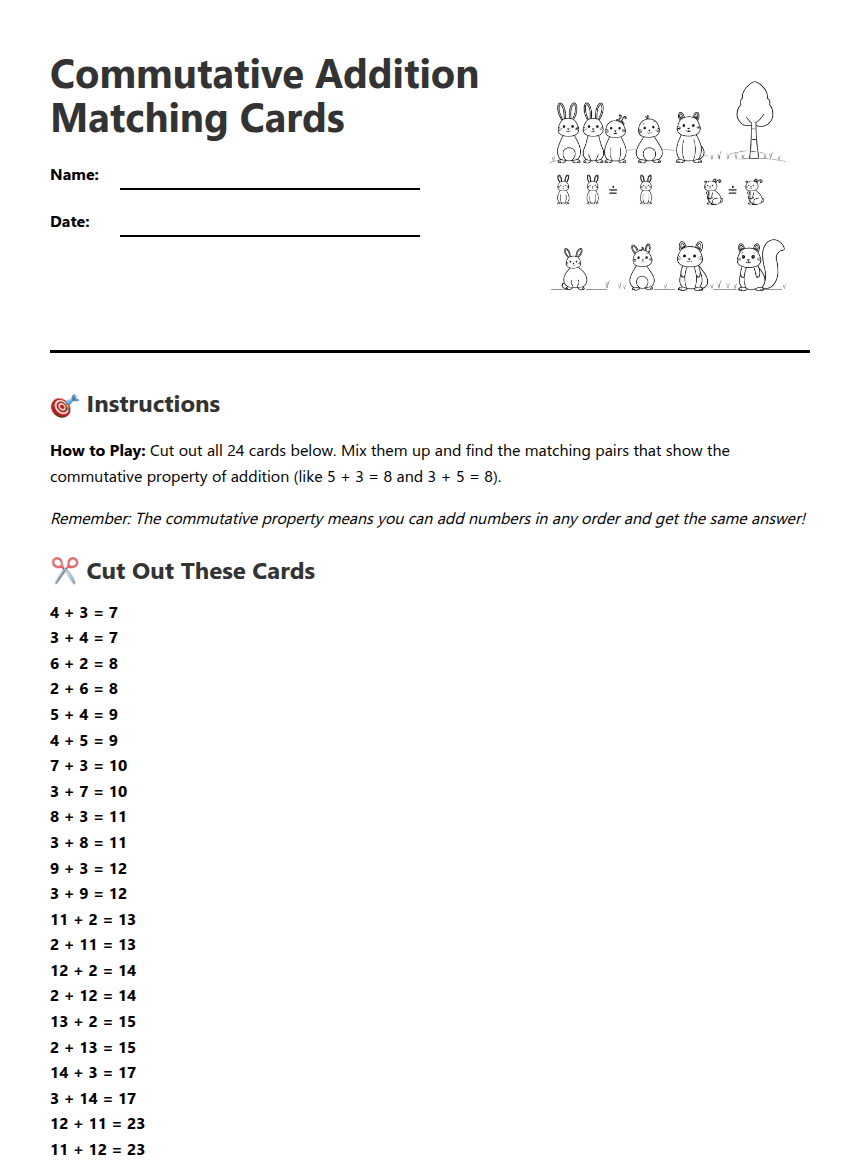 Commutative Addition Matching Cards worksheet preview