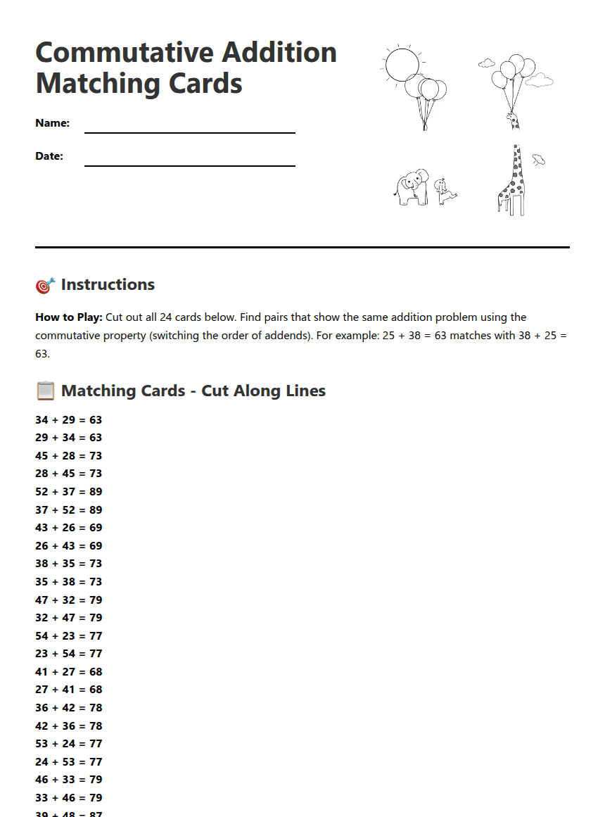 Commutative Addition Matching Cards worksheet preview