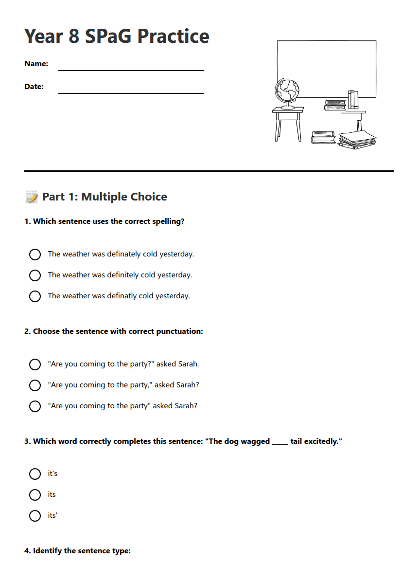 Year 8 SPaG Practice worksheet preview