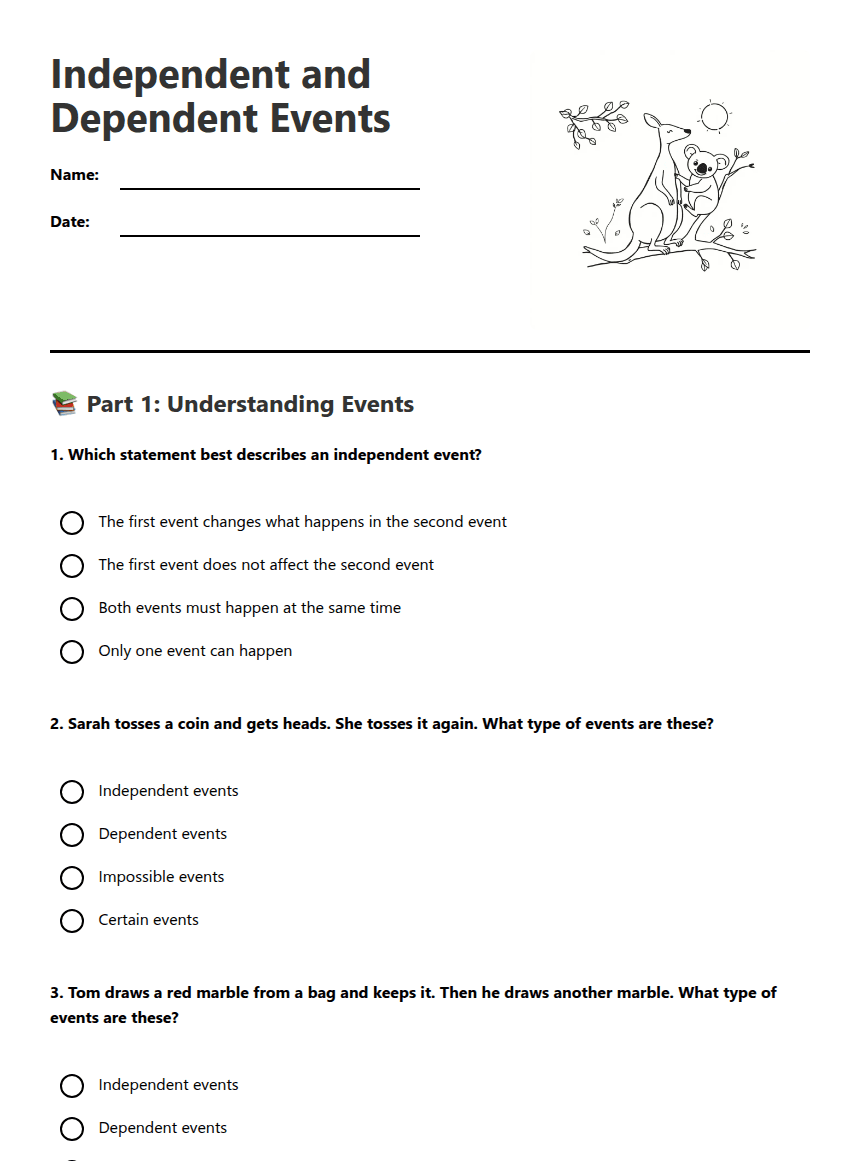 Independent and Dependent Events worksheet preview