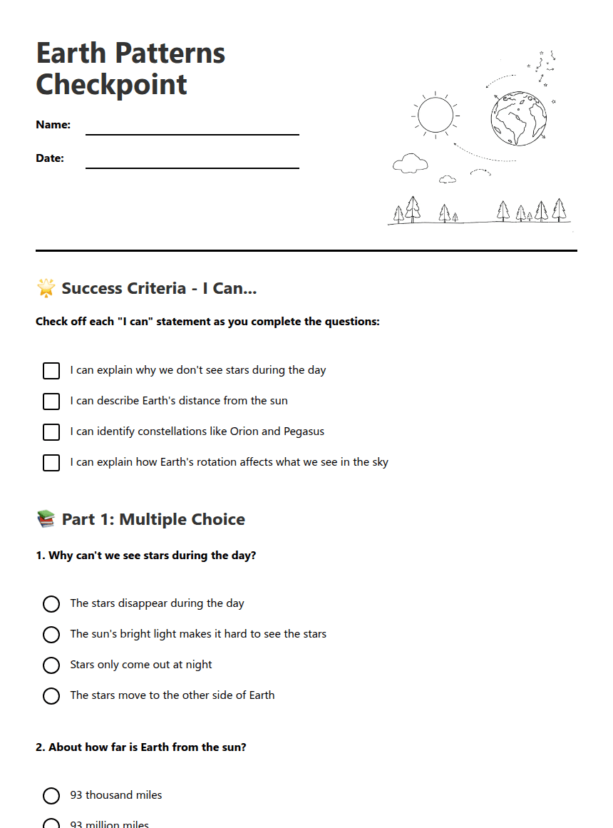 Earth Patterns Checkpoint worksheet preview