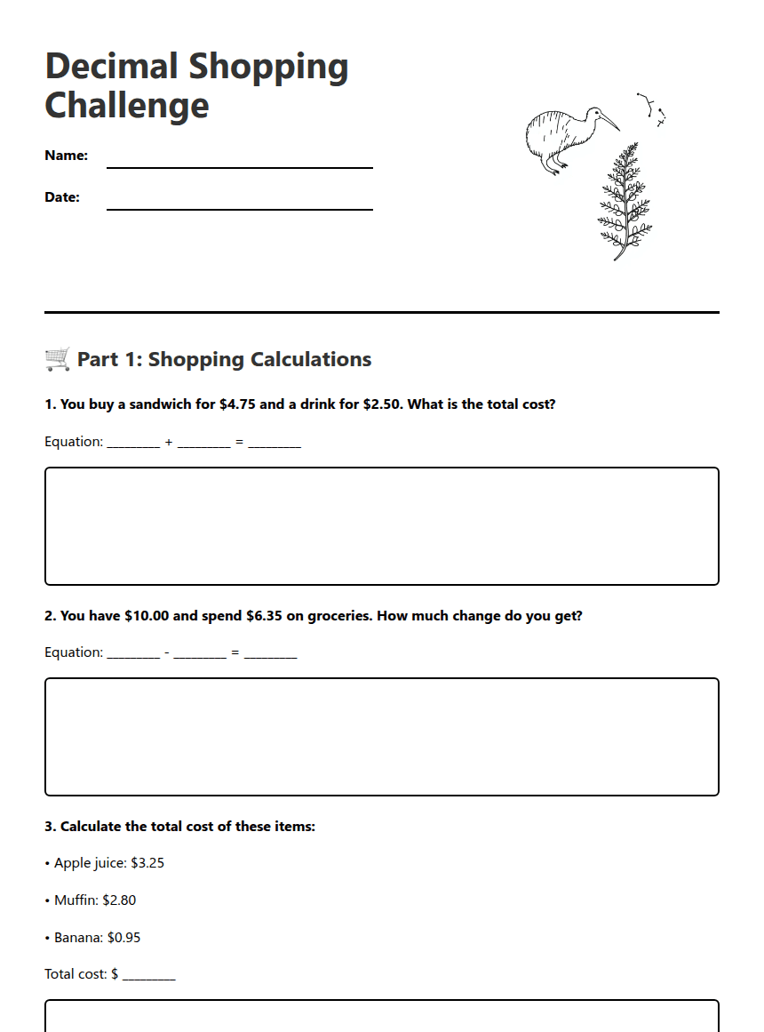 Decimal Shopping Challenge worksheet preview