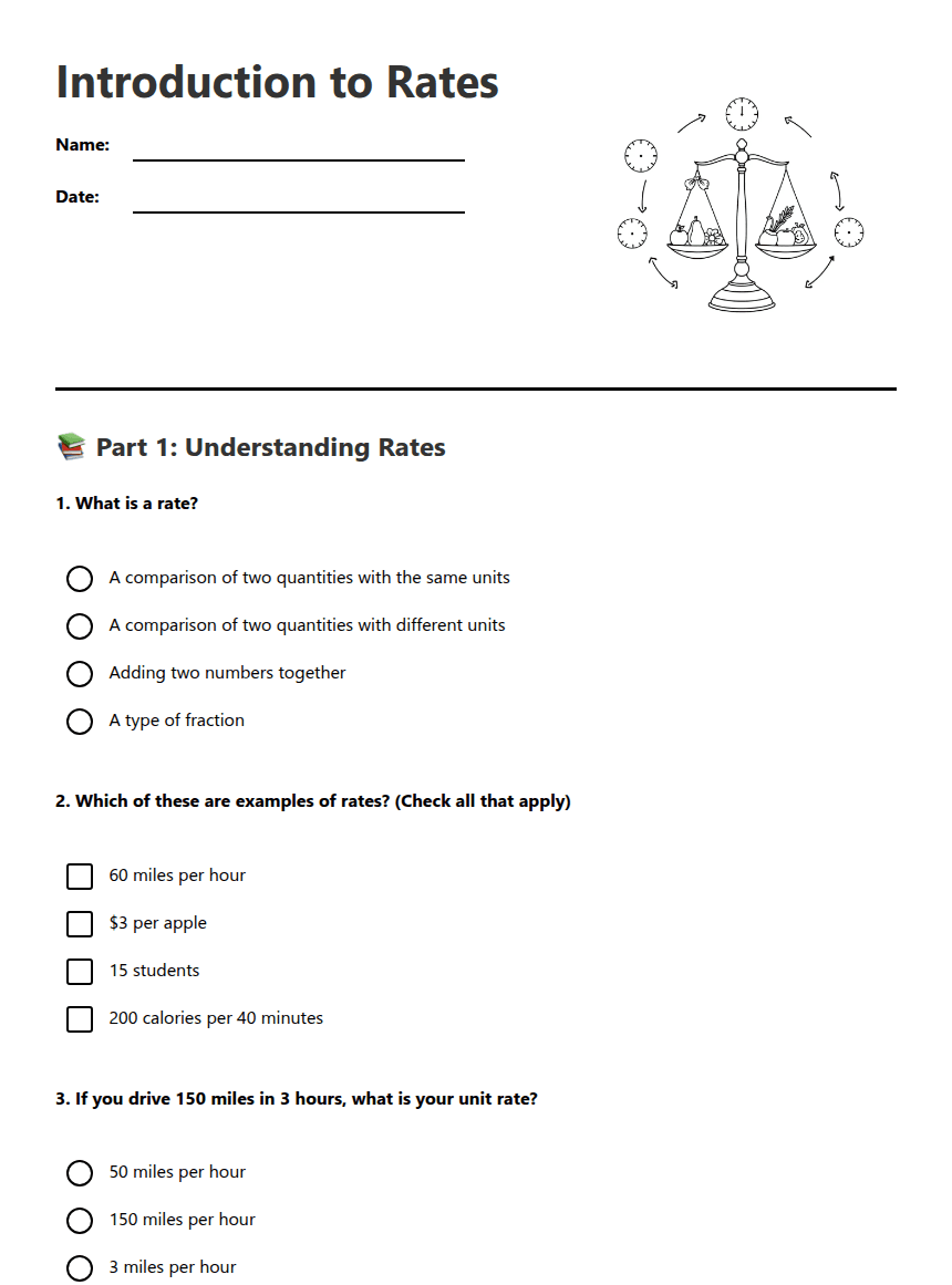 Introduction to Rates worksheet preview