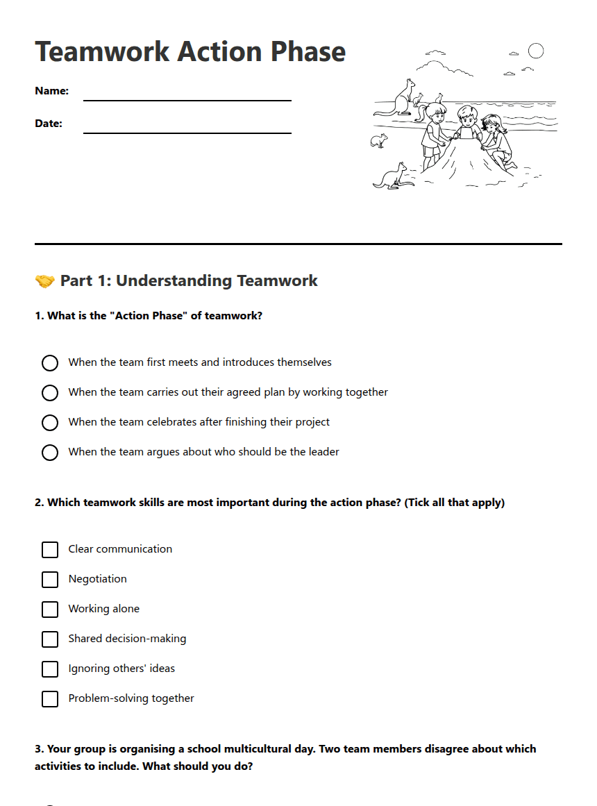 Teamwork Action Phase worksheet preview