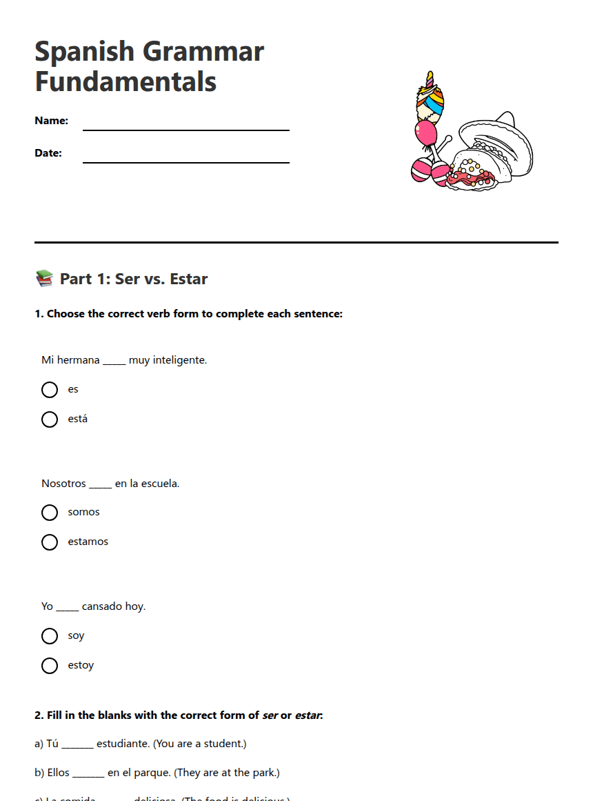 Spanish Grammar Fundamentals worksheet preview