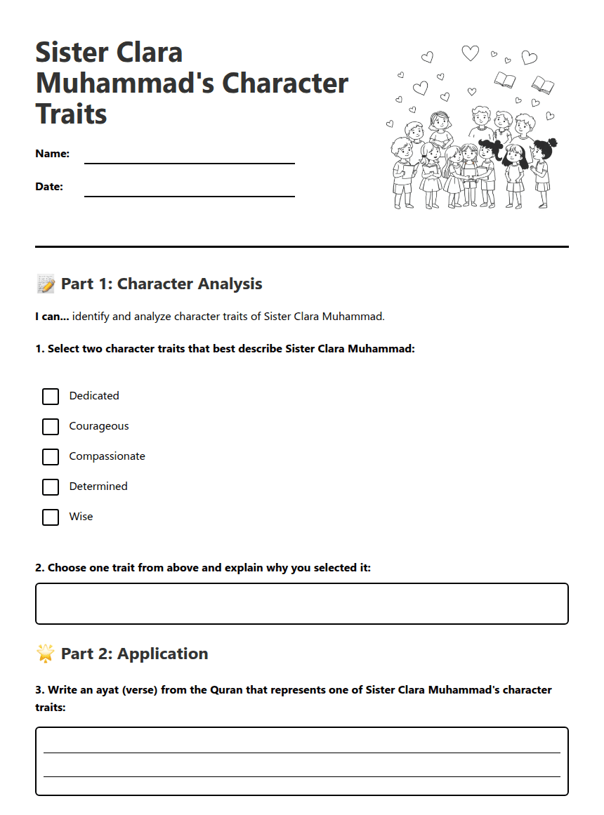 Sister Clara Muhammad's Character worksheet preview