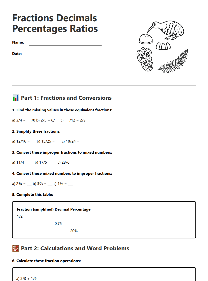 Fractions Decimals Percentages Ratios worksheet preview