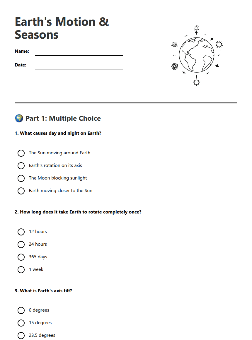 Earth's Motion & Seasons worksheet preview