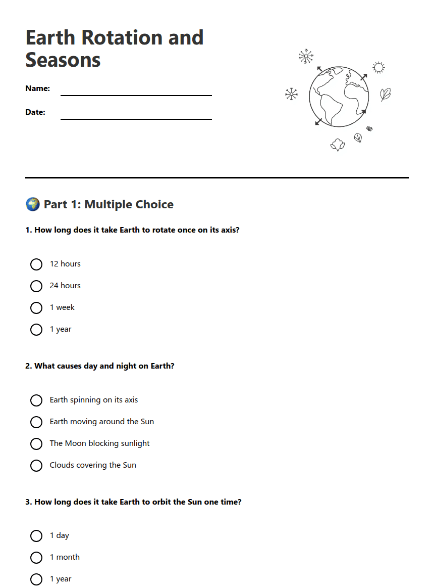 Earth Rotation and Seasons worksheet preview