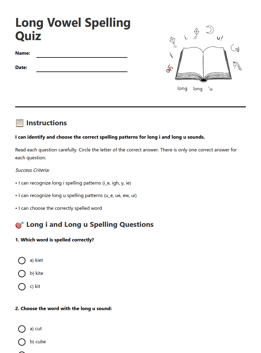 Long Vowel Spelling Quiz worksheet preview