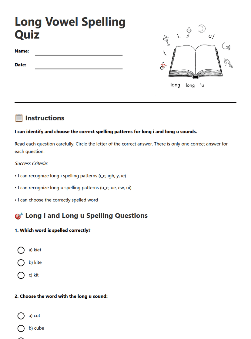 Long Vowel Spelling Quiz
