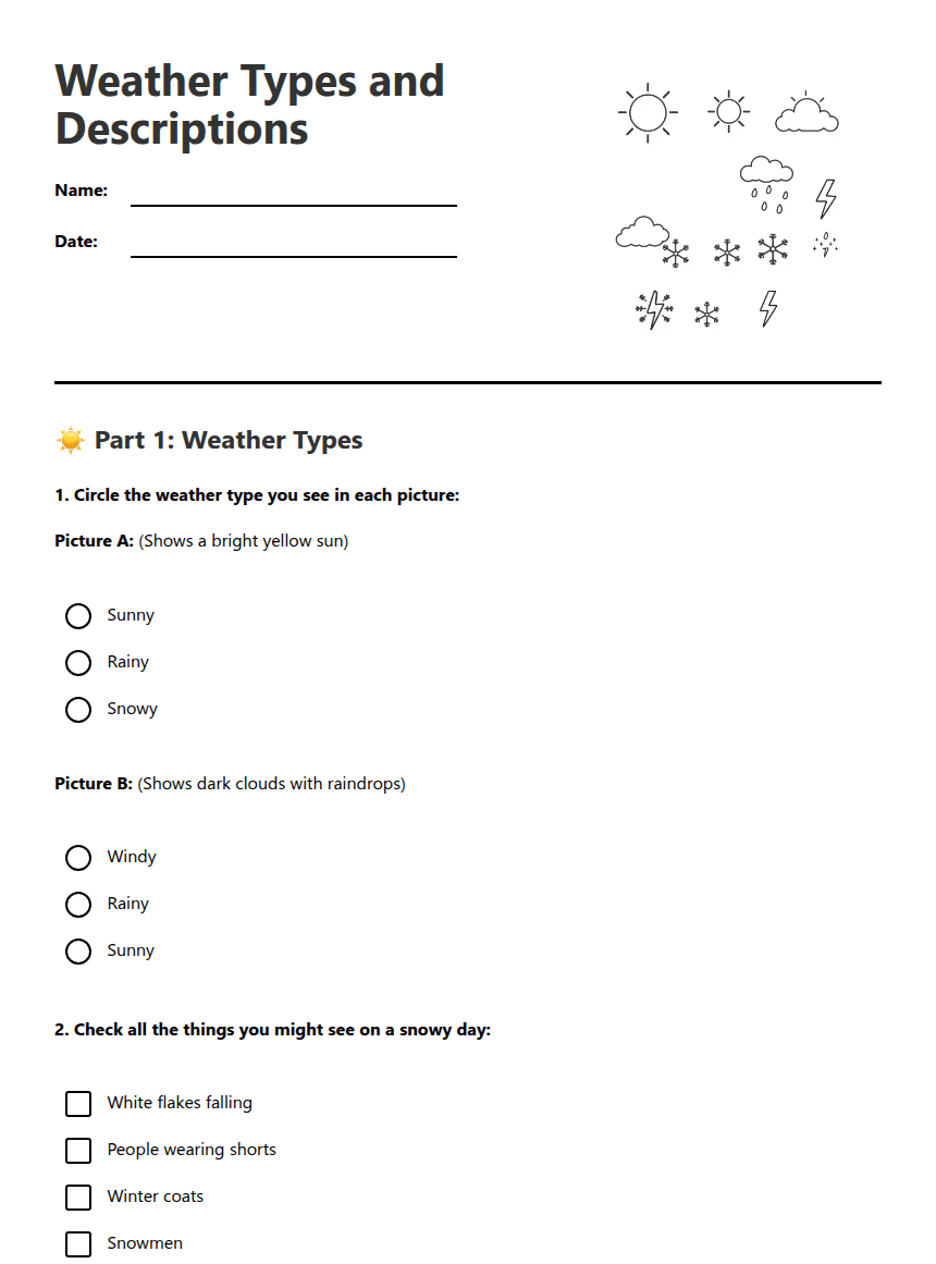 Weather Types and Descriptions worksheet preview