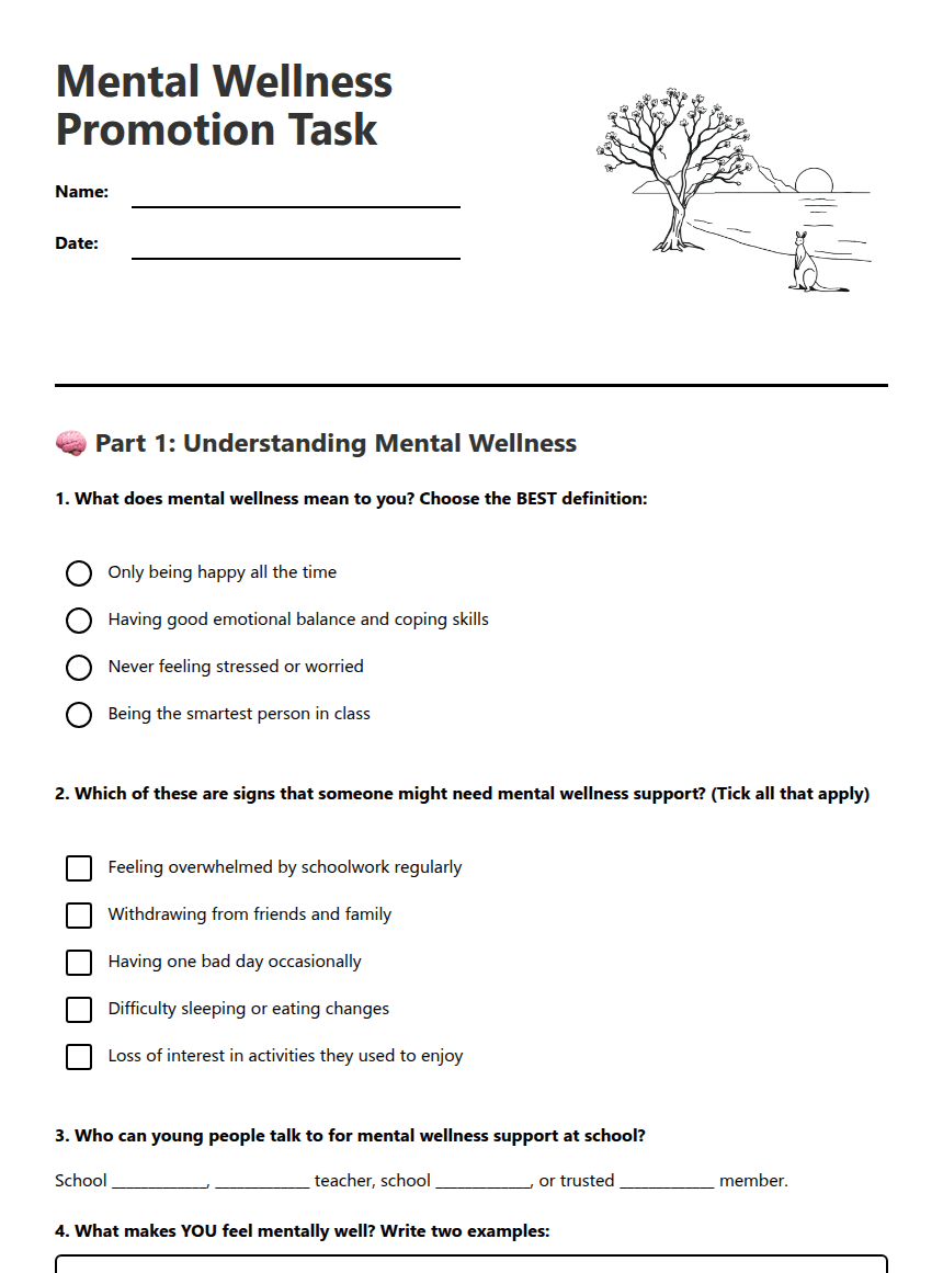 Mental Wellness Promotion Task worksheet preview