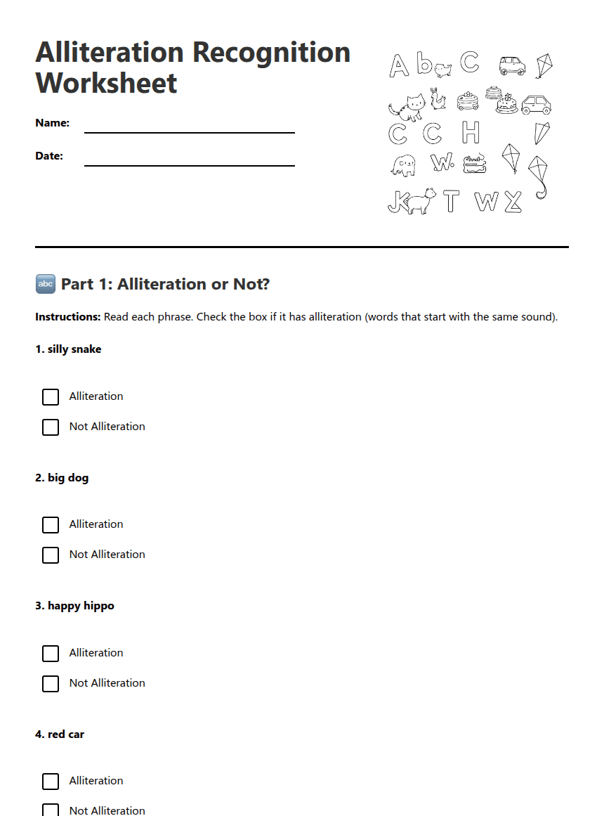 Alliteration Recognition Worksheet worksheet preview