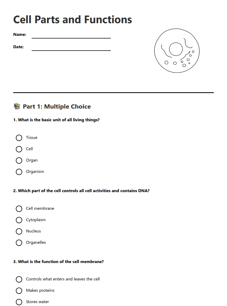 Cell Parts and Functions worksheet preview