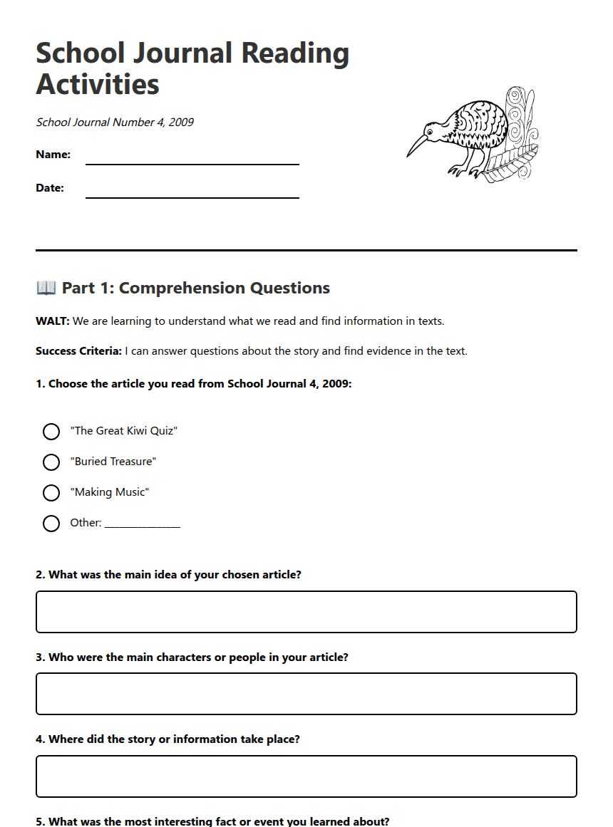 School Journal Reading Activities worksheet preview