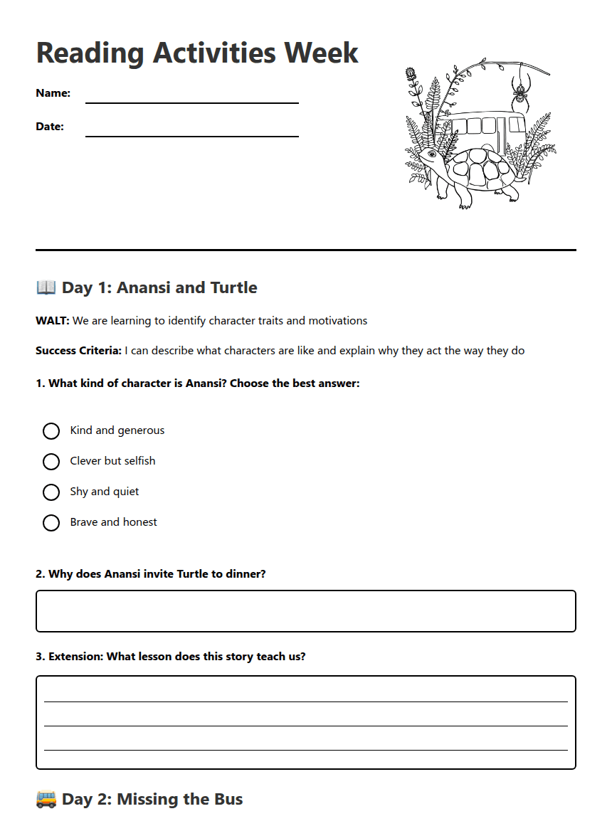 Reading Activities Week worksheet preview