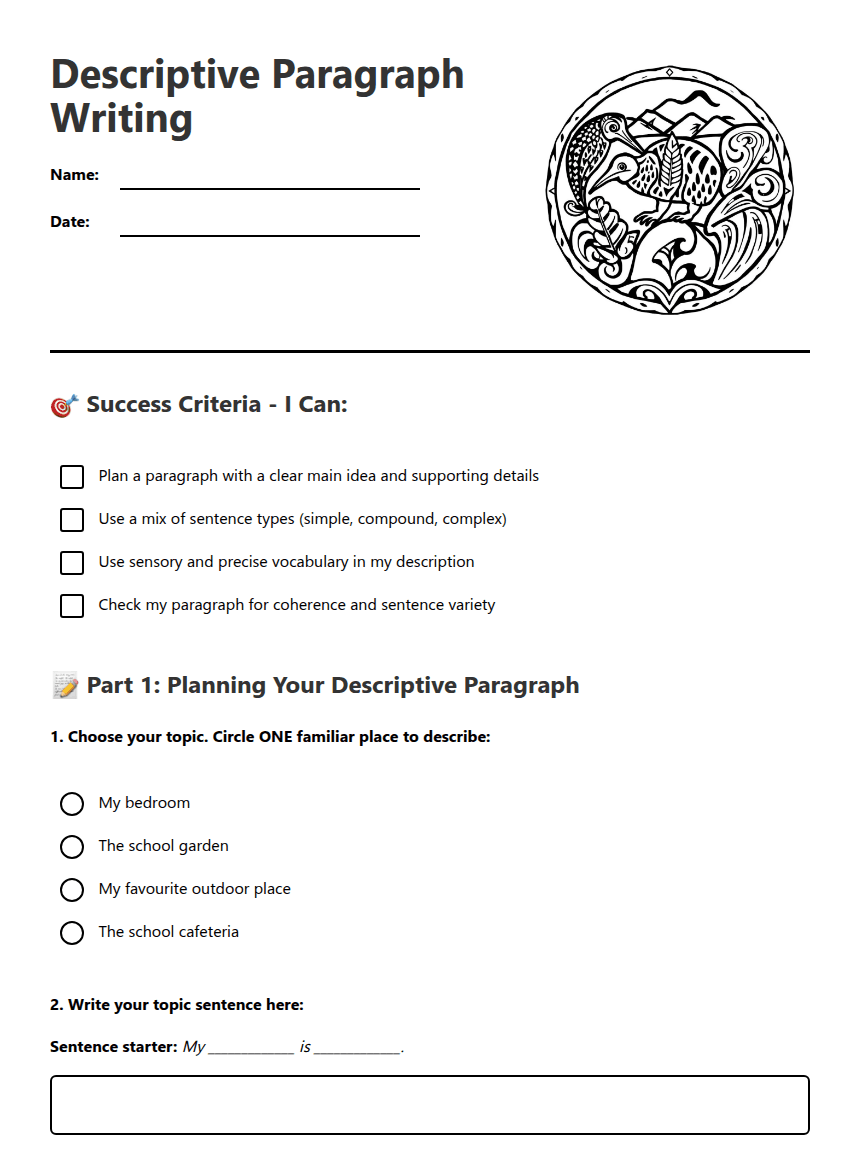 Descriptive Paragraph Writing worksheet preview