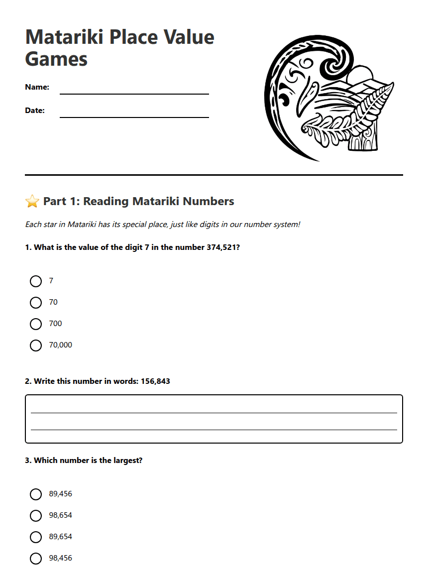 Matariki Place Value Games worksheet preview