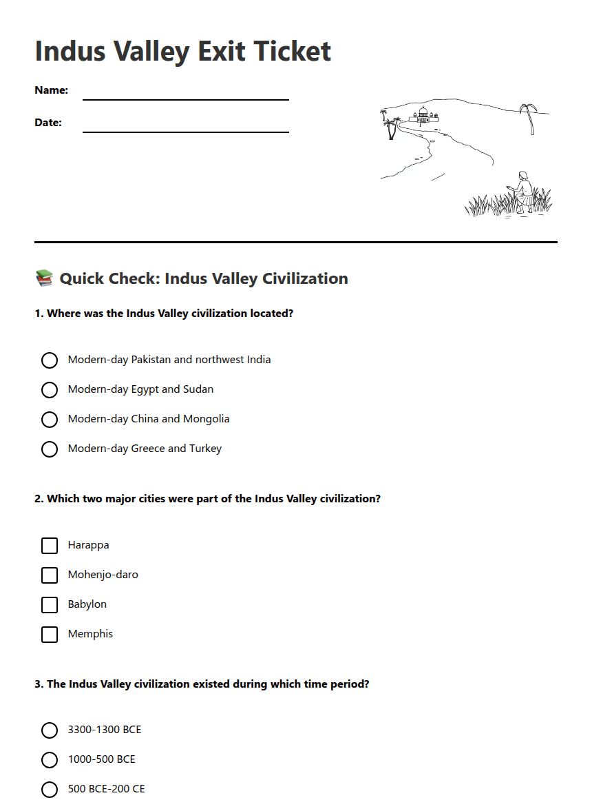 Indus Valley Exit Ticket worksheet preview