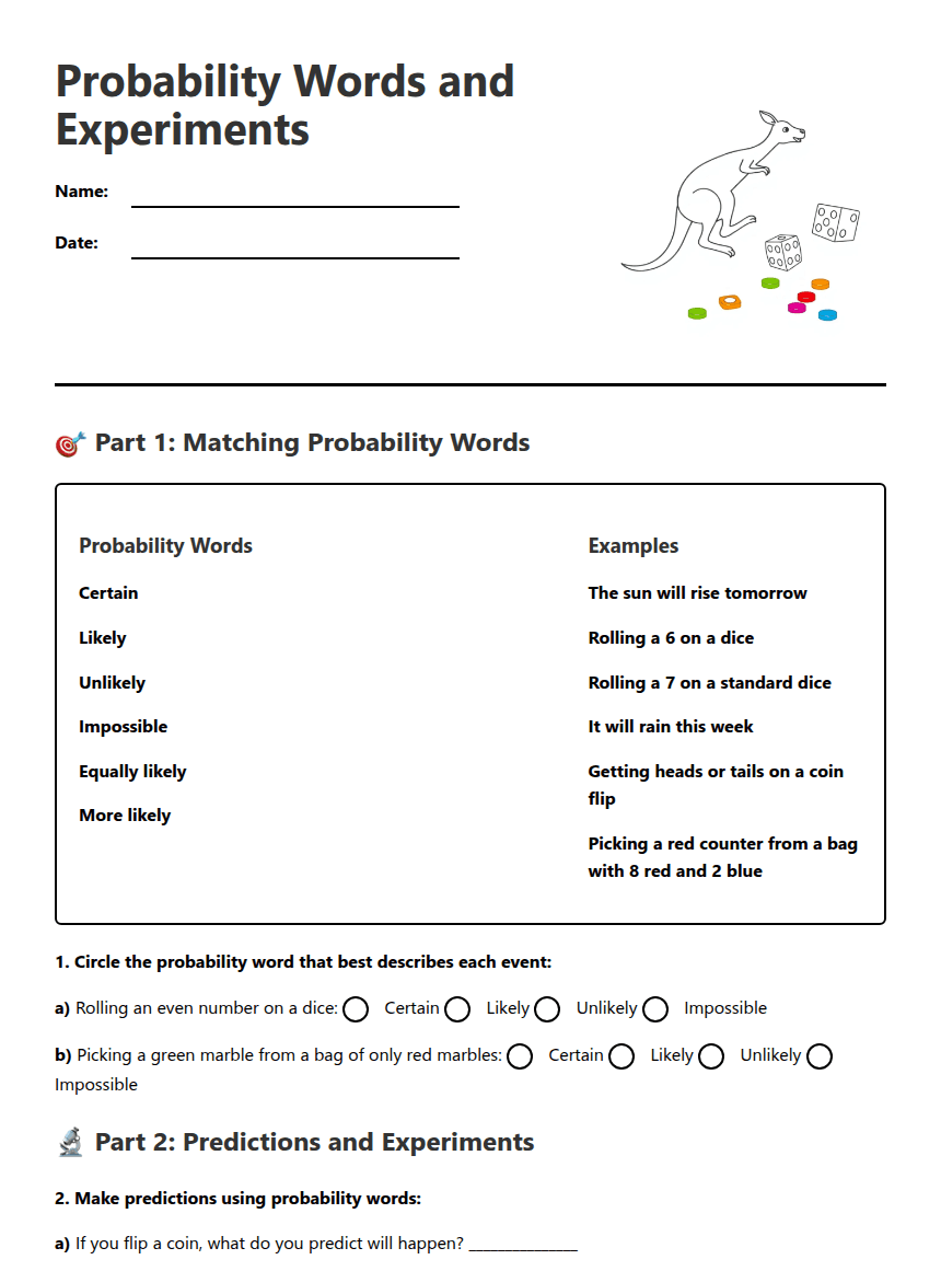 Probability Words and Experiments worksheet preview