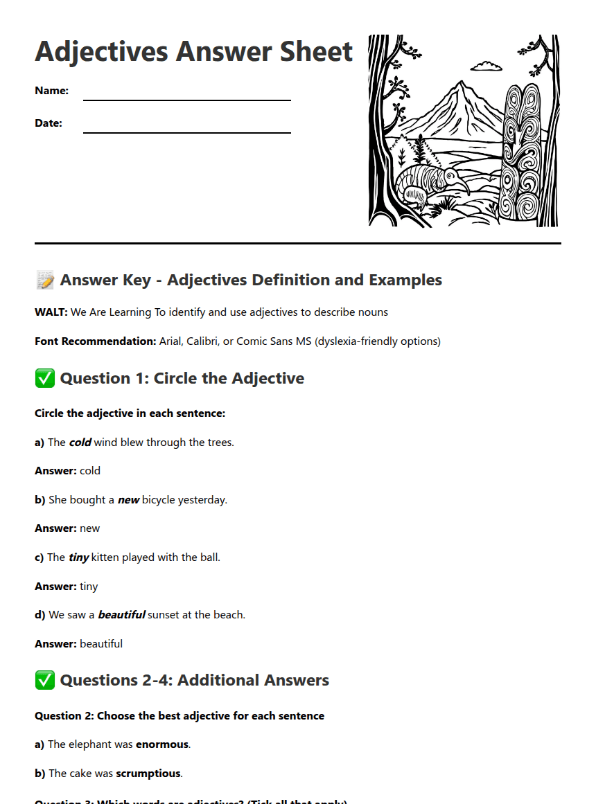 Adjectives Answer Sheet worksheet preview