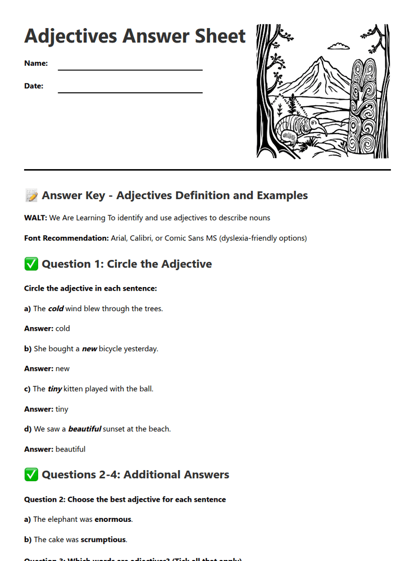 Adjectives Answer Sheet