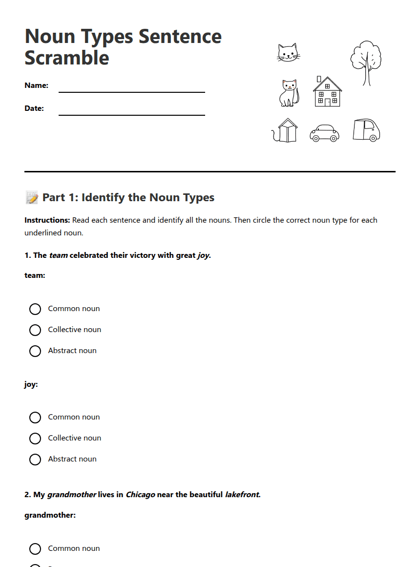 Noun Types Sentence Scramble worksheet preview