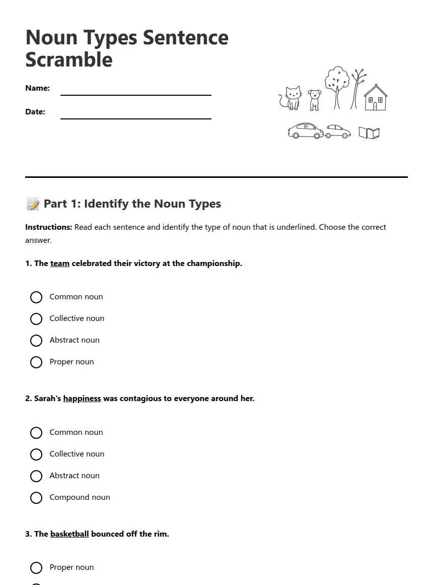 Noun Types Sentence Scramble worksheet preview