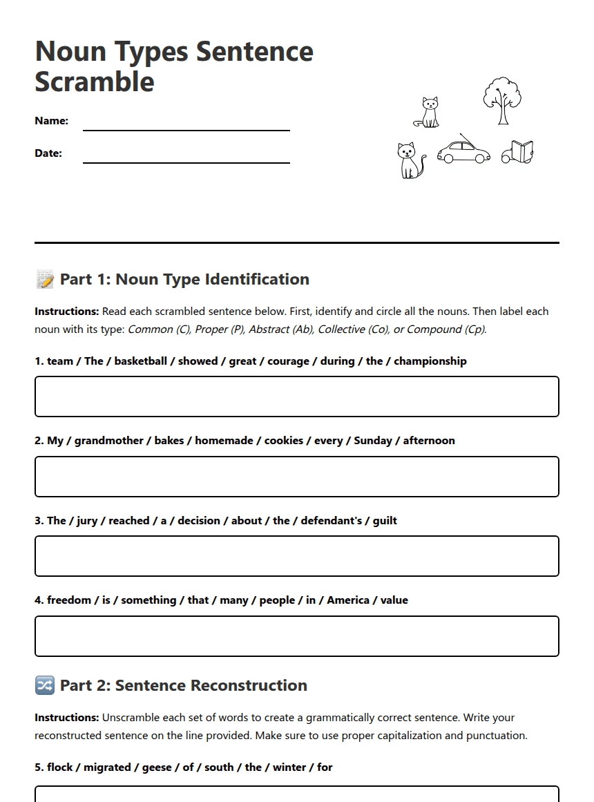 Noun Types Sentence Scramble worksheet preview