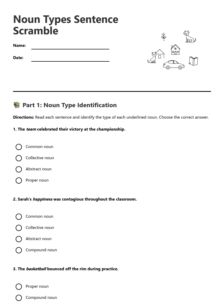 Noun Types Sentence Scramble worksheet preview